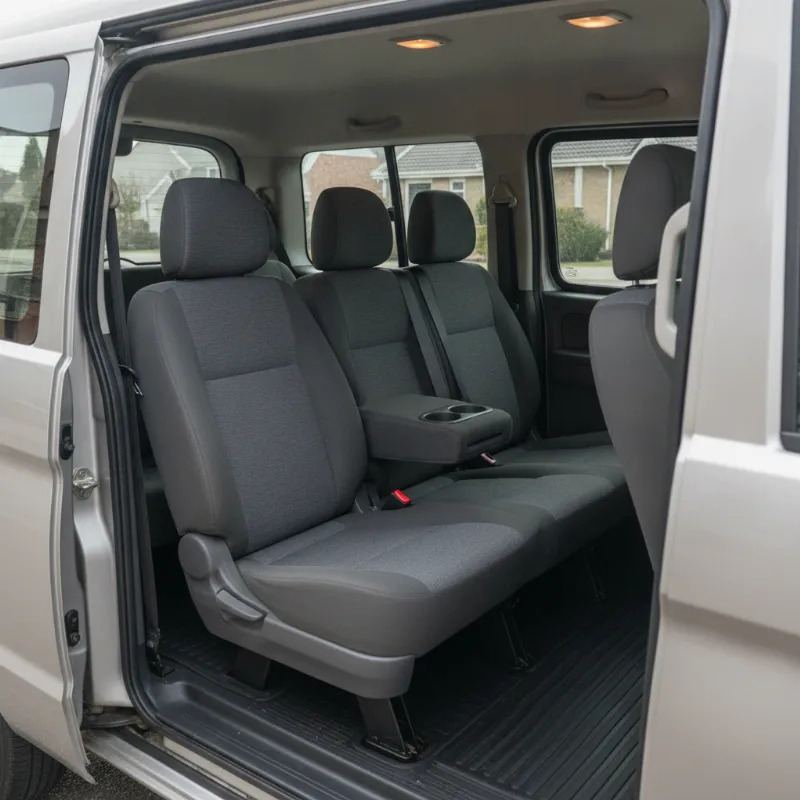 The interior of an LDV G10 van, showing three rows of seats
