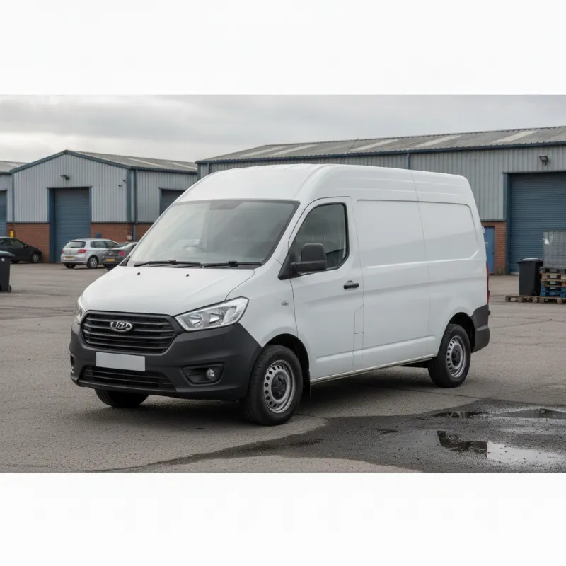 An LDV G10 mid-size panel van parked on a UK industrial estate forecourt