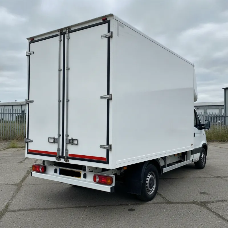 An LDV Maxus Luton box van, showing the box body overhanging the cab