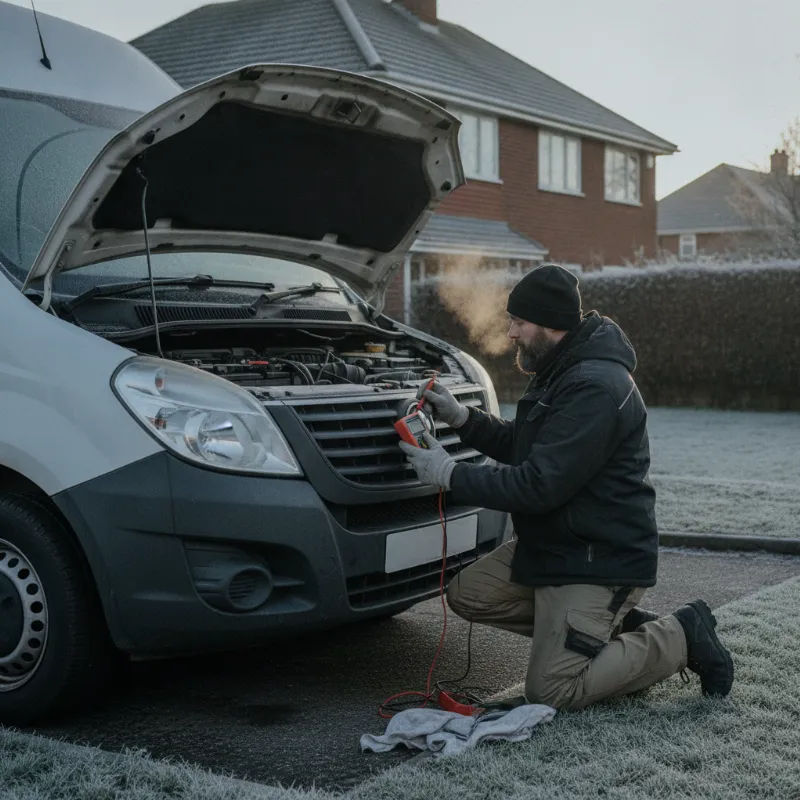 A mechanic testing a van battery with a multimeter on a frosty morning
