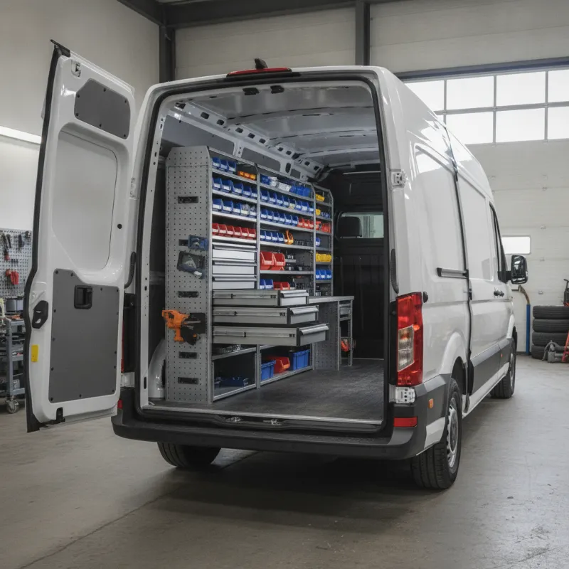The open rear load area of a large panel van fitted with metal shelving and drawer racking