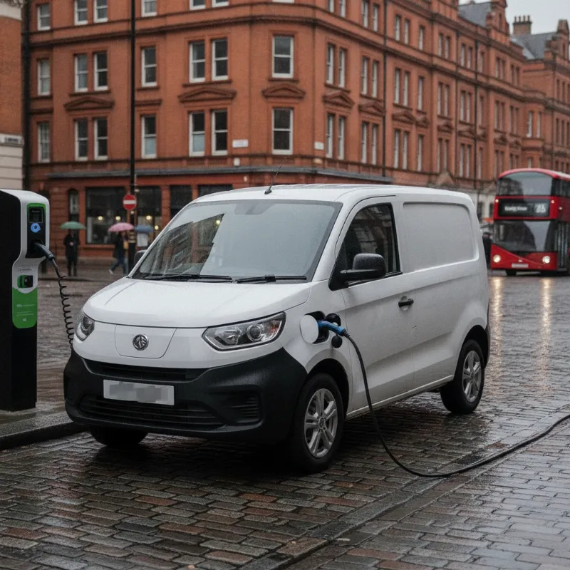 A small electric panel van connected to a charging point on a UK street