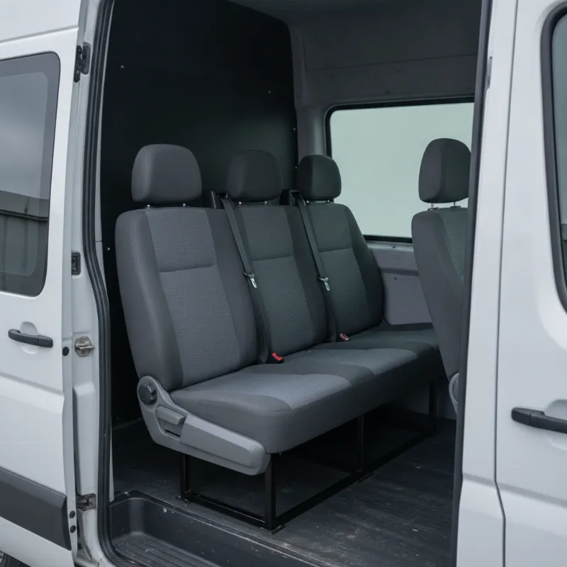The crew-cab interior of a Mercedes Sprinter, showing two rows of seats