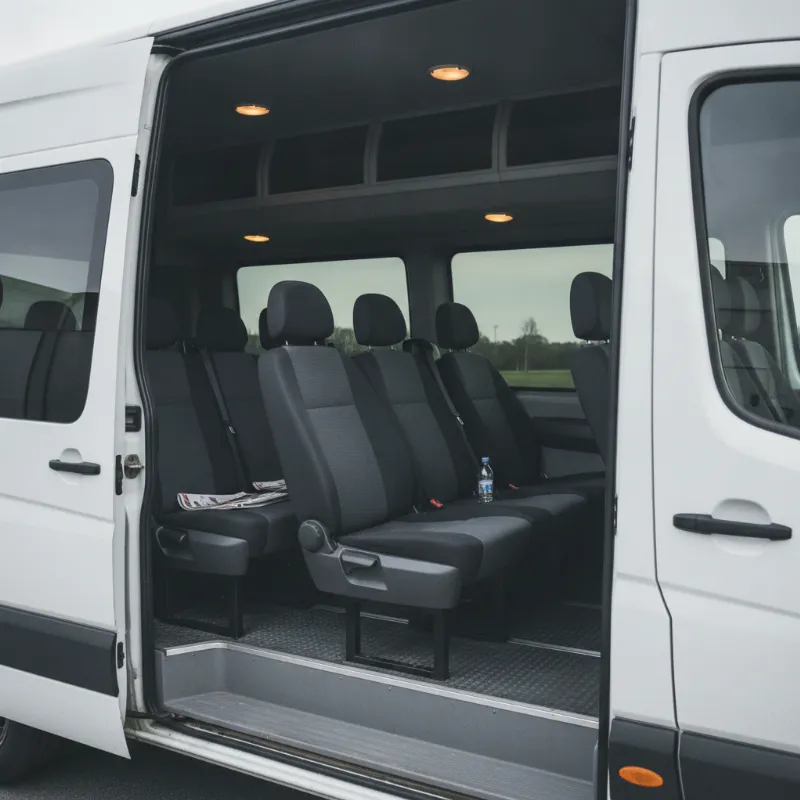 The passenger interior of a Mercedes Sprinter van, showing multiple rows of seats