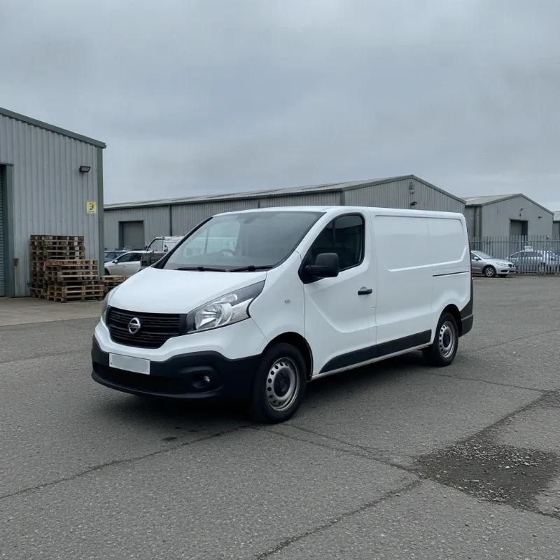 A Nissan NV300 mid-size panel van parked on a UK industrial estate forecourt