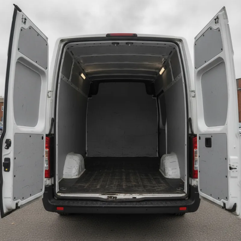 The open rear load area of a Nissan NV400 panel van, showing its depth and width