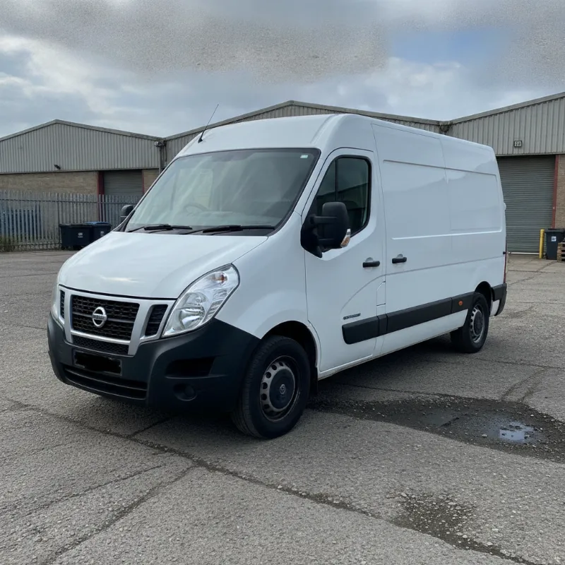 A Nissan NV400 large panel van parked on a UK industrial estate forecourt
