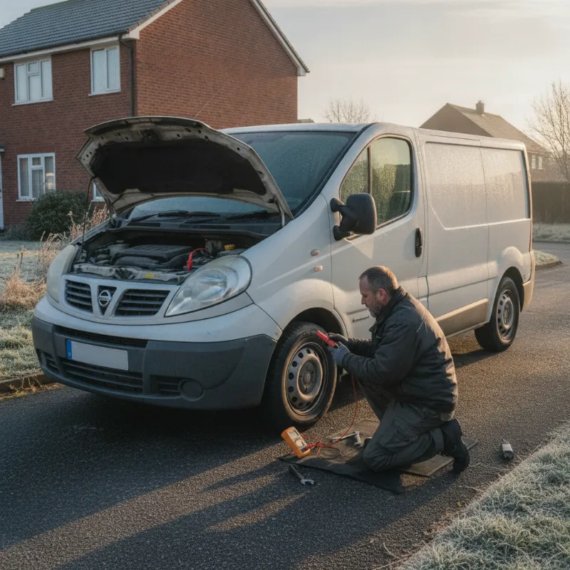 A mechanic testing a van battery with a multimeter on a frosty morning