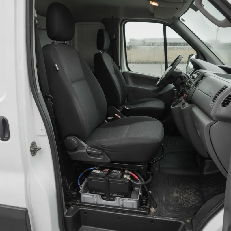 A van driver's seat tilted forward to reveal the battery mounted underneath