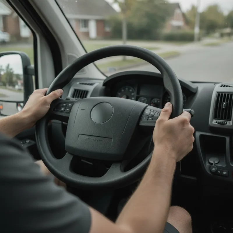A close-up of a driver's hands on a van's steering wheel, showing the horn pad