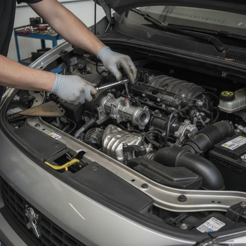 A mechanic removing an EGR valve component from a diesel engine bay