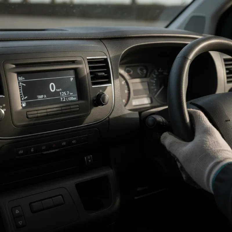 A close-up of a van dashboard's digital trip computer display