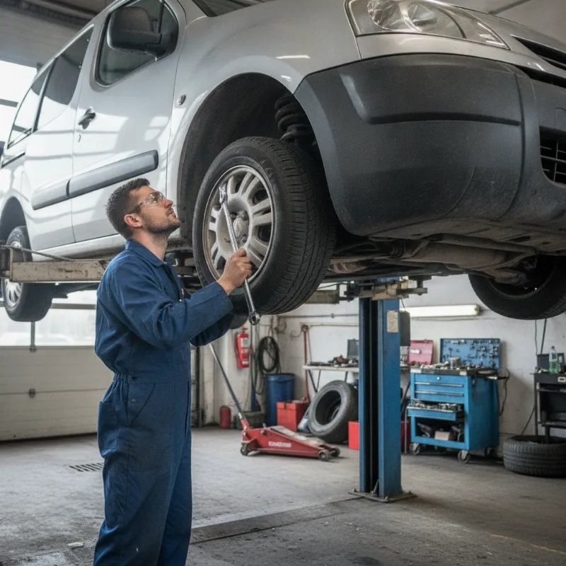 A mechanic inspecting a small van's front suspension and steering components underneath