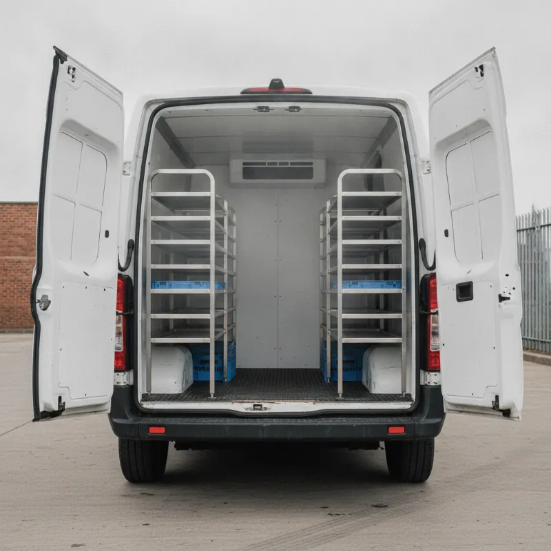 The open rear of a refrigerated van, showing its insulated interior lining