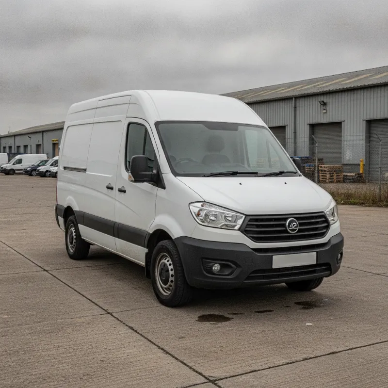 An LDV G10 mid-size panel van parked on a UK industrial estate forecourt