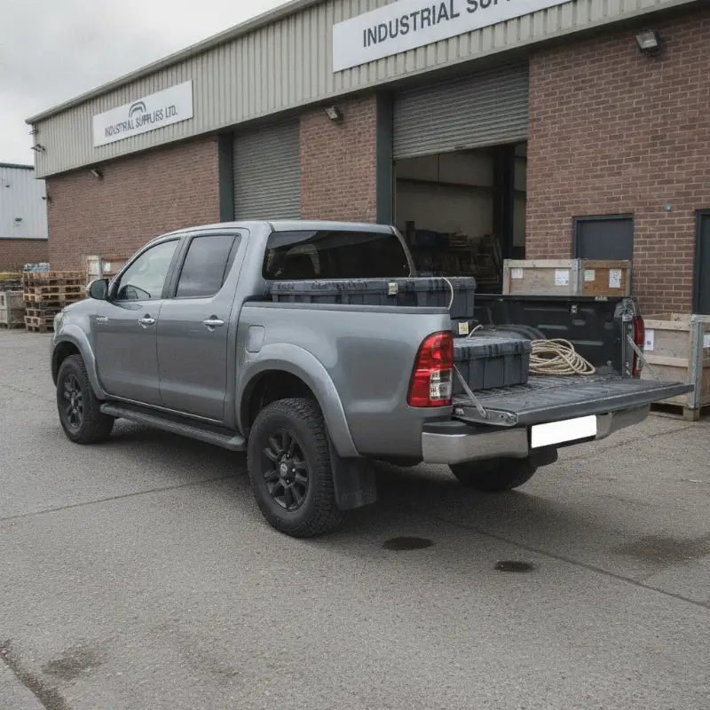 A Toyota Hilux double cab pickup with an open load bed at a UK trade premises