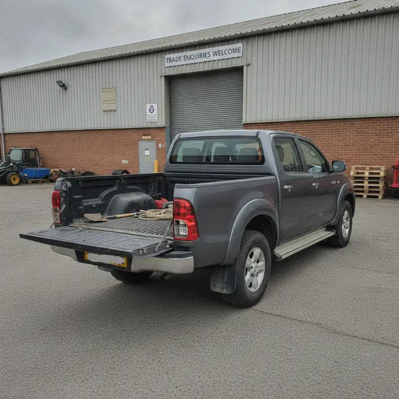 A Toyota Hilux double cab pickup with an open load bed at a UK trade premises