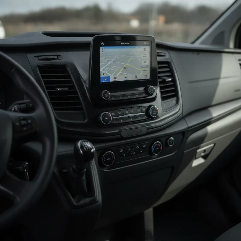 A close-up of a van dashboard's touchscreen audio control panel