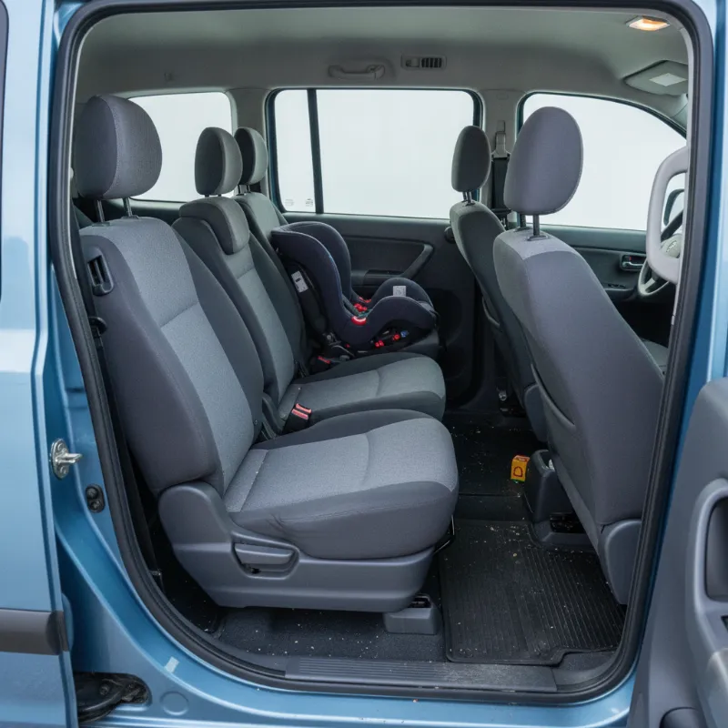 The interior of a Vauxhall Combo Life van, showing three rows of seats