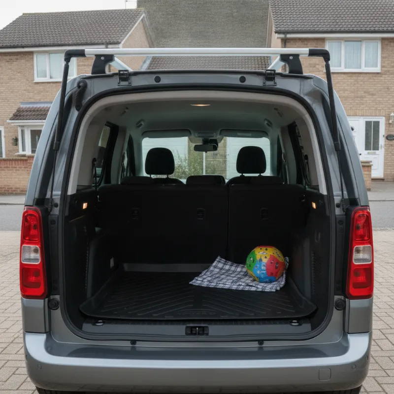 The open boot of a Vauxhall Combo Life van showing a fitted boot liner