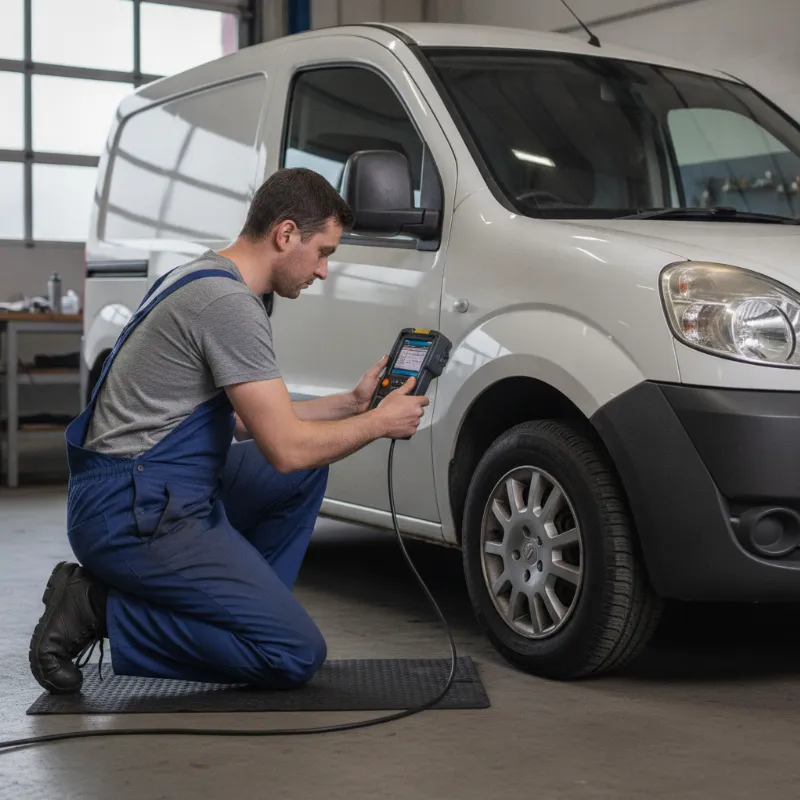 A mechanic using a diagnostic scanner plugged into a van's OBD port