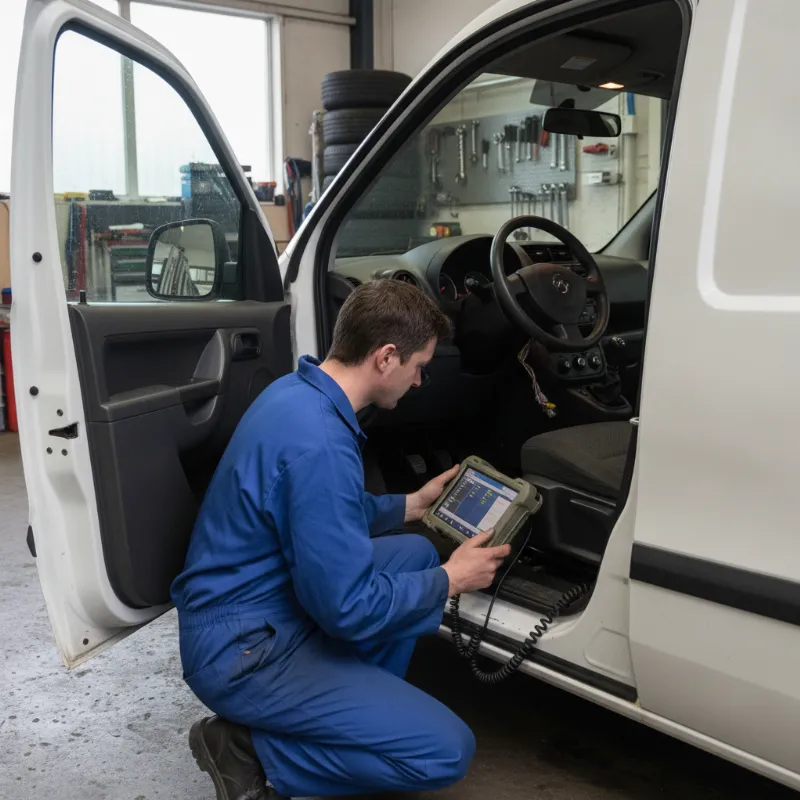 A mechanic using a diagnostic scanner plugged into a van's OBD port