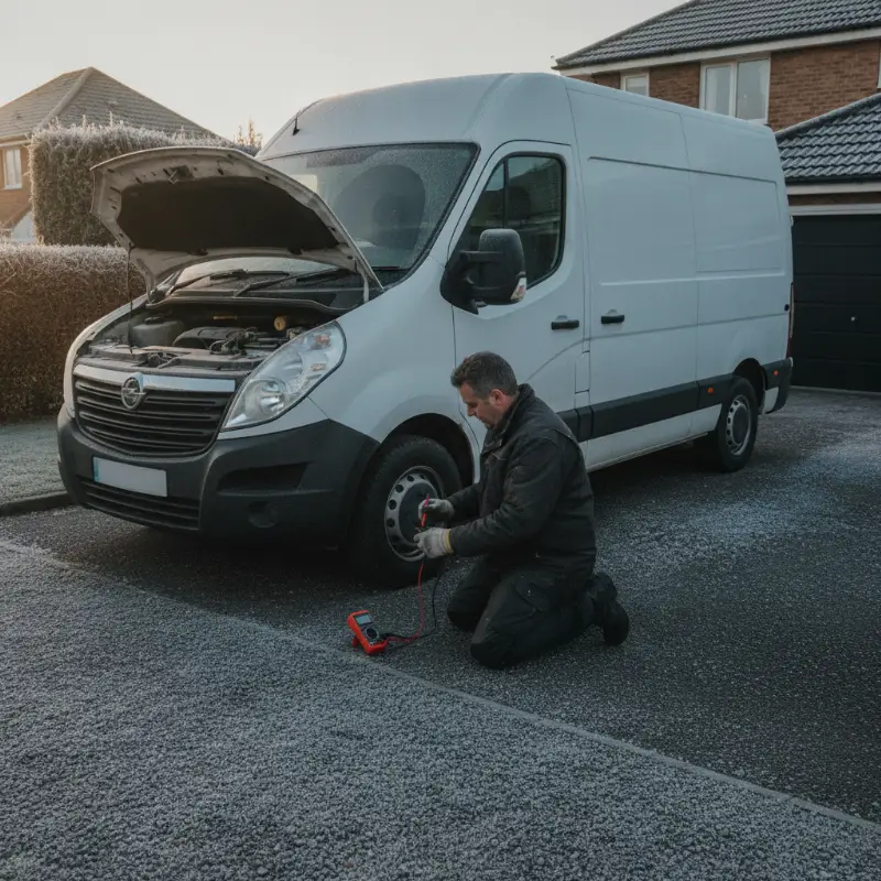 A mechanic testing a van battery with a multimeter on a frosty morning