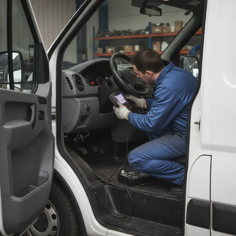 A mechanic using a diagnostic scanner plugged into a van's OBD port
