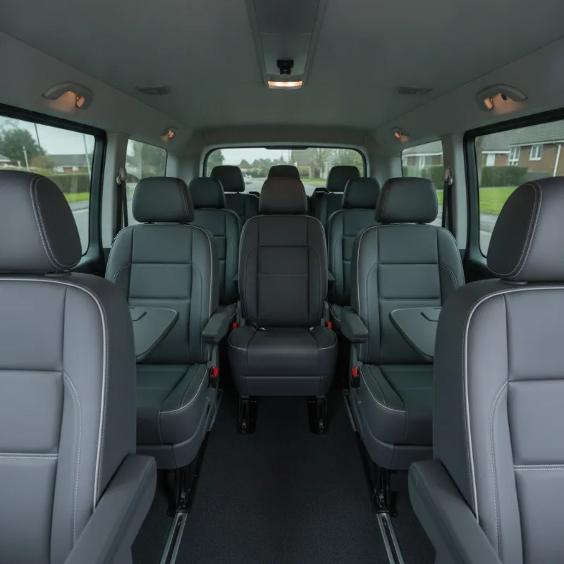 The spacious passenger interior of a Volkswagen Caravelle people carrier, showing rows of individual seats