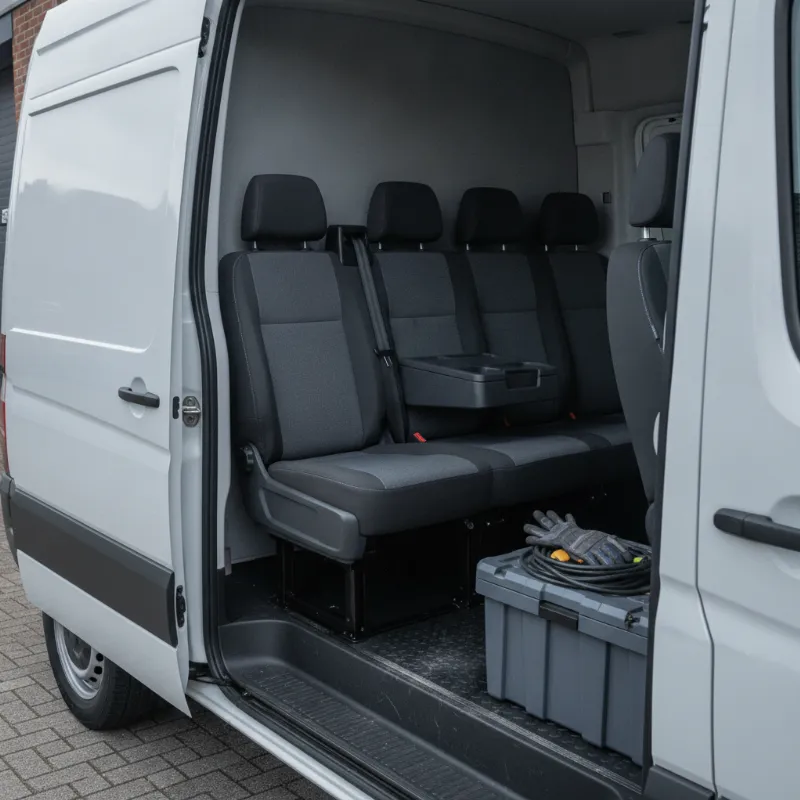 The crew-cab interior of a Volkswagen Crafter, showing two rows of seats