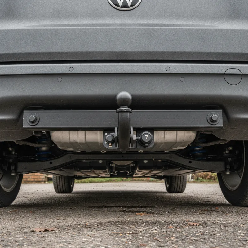 A towbar fitted to the rear underside of an electric van