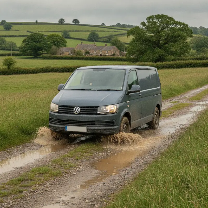 A Volkswagen Transporter van driving on a wet gravel track