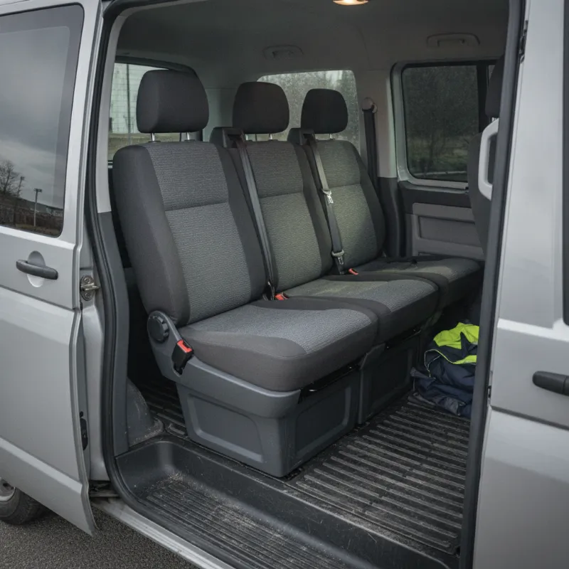 The crew-cab interior of a Volkswagen Transporter, showing two rows of seats