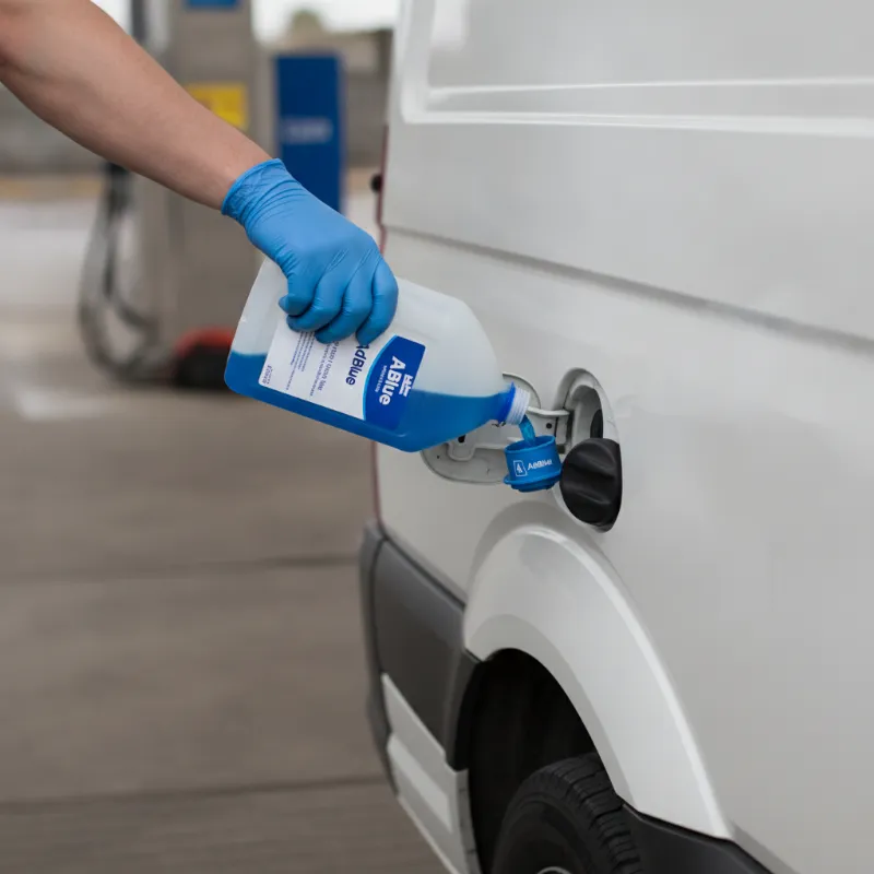 Pouring AdBlue fluid into a van's dedicated filler cap next to the fuel cap