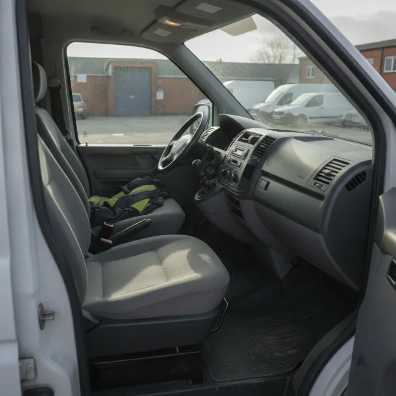 The front cab interior of a panel van, showing the driver and passenger seats