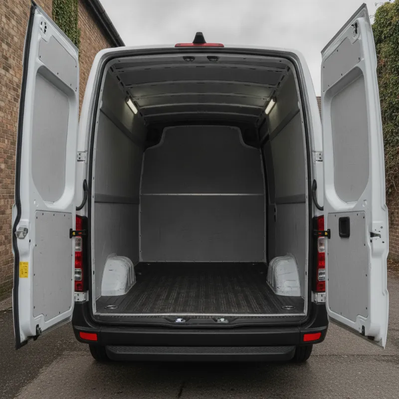 The open rear load area of a Mercedes Sprinter panel van, showing its depth and width