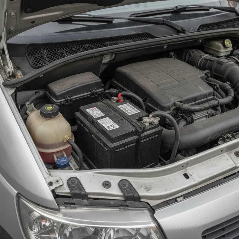 A close-up of a 12V battery mounted in a van's engine bay