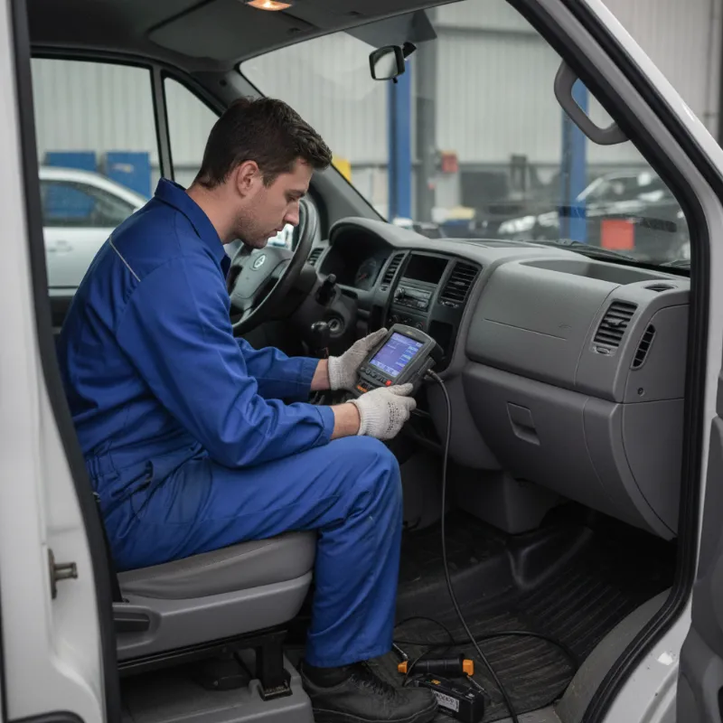 A mechanic using a diagnostic scanner plugged into a van's OBD port