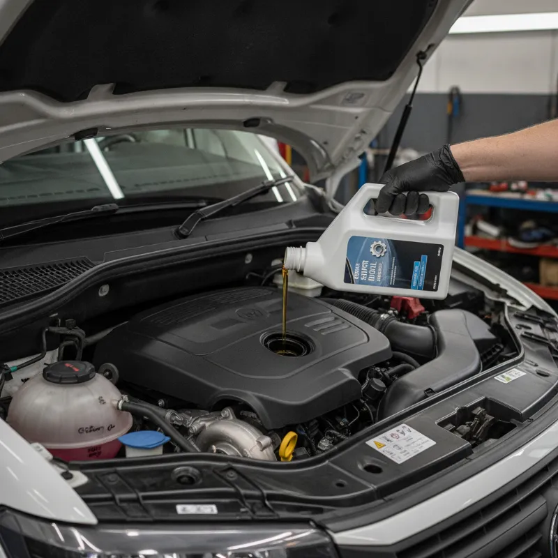 Pouring fresh synthetic engine oil into a diesel van engine bay