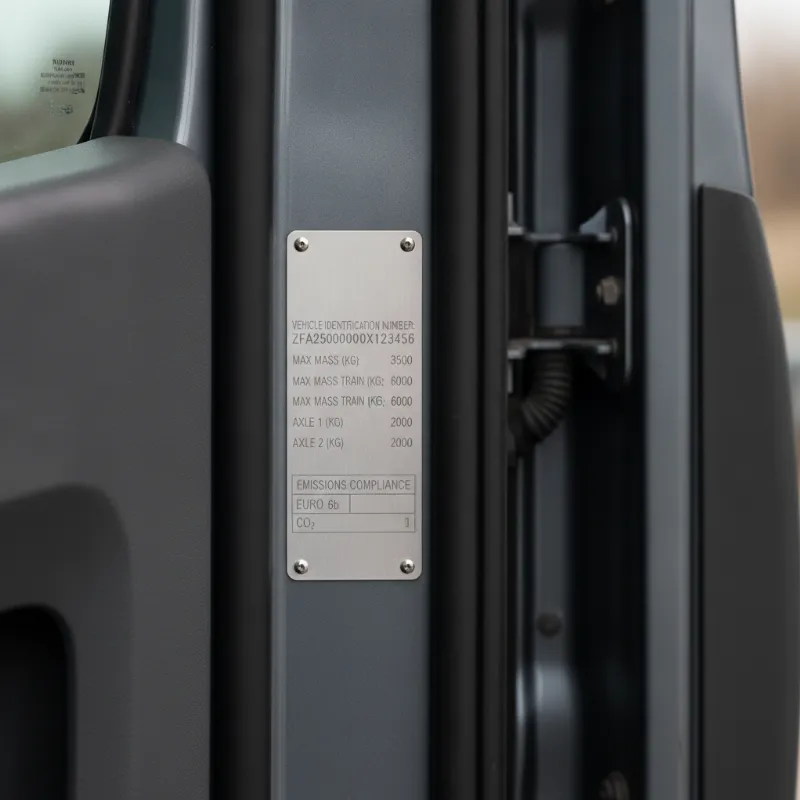 A close-up of a van's compliance plate riveted inside the door frame