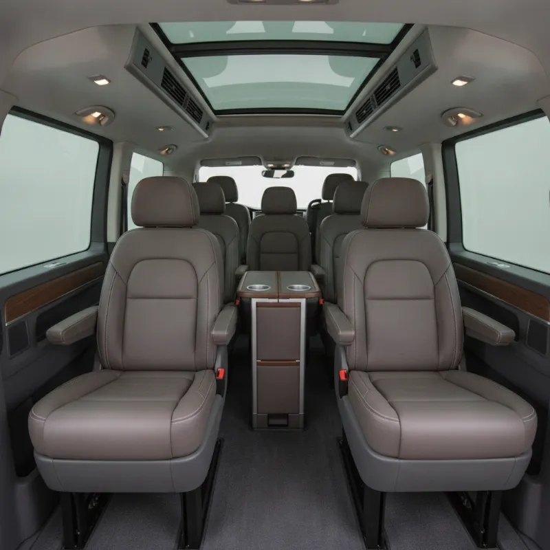 The spacious passenger interior of a Volkswagen Caravelle people carrier, showing rows of individual seats