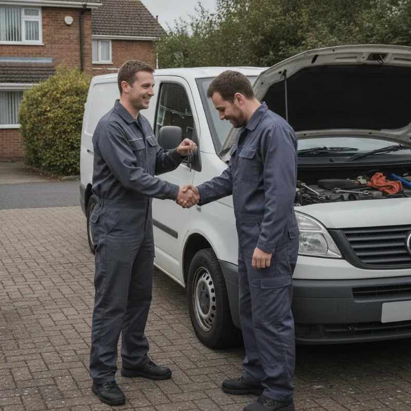 Two people shaking hands and exchanging keys beside a parked van