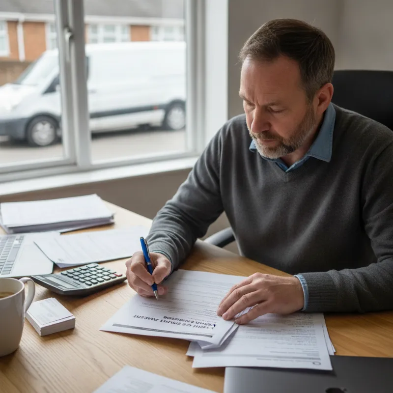 A person reviewing a vehicle finance lease agreement at a desk