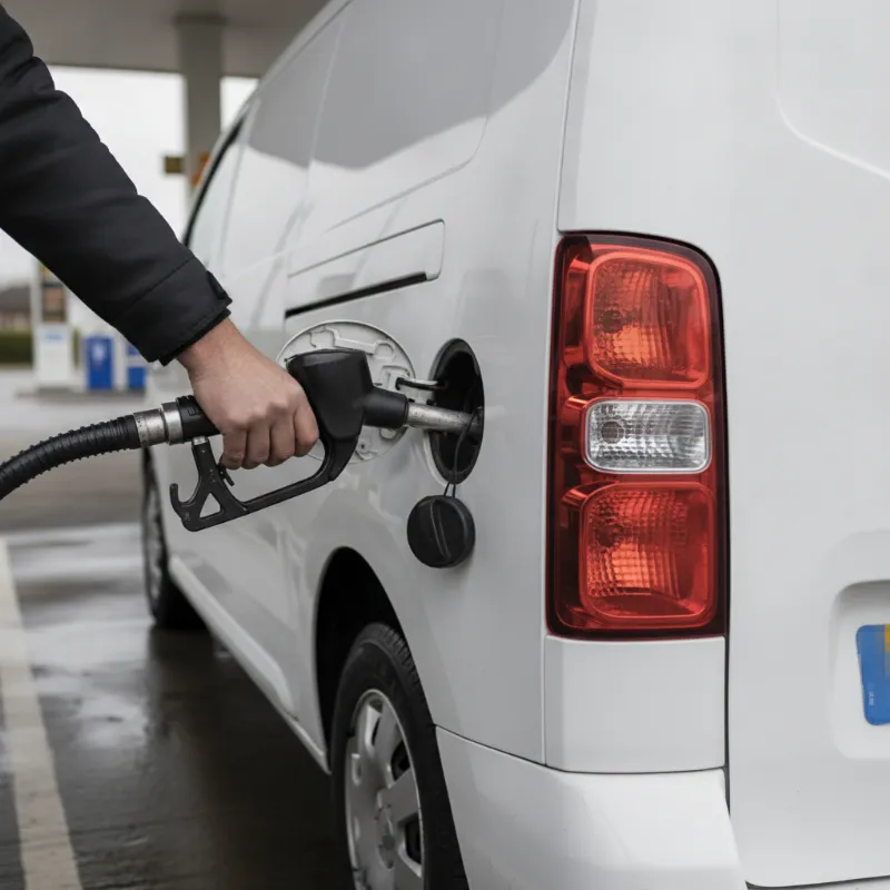 A hand holding a fuel nozzle at the open fuel filler flap of a panel van