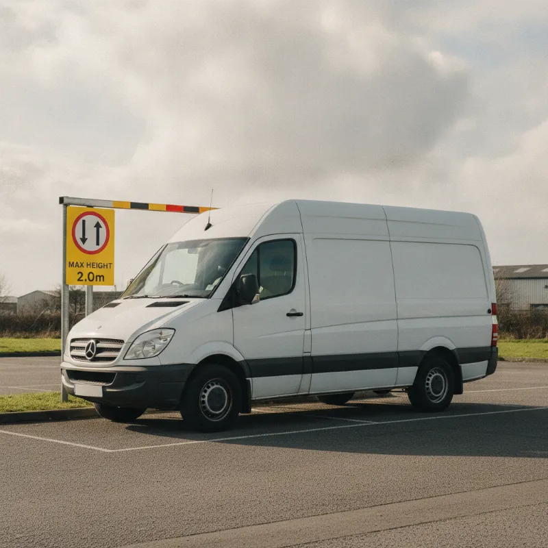 A high-roof Mercedes Sprinter van parked beside a height-restriction barrier