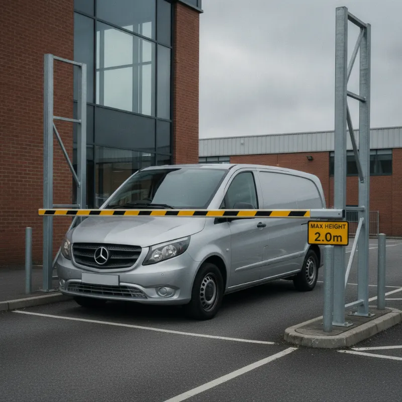 A Mercedes Vito panel van parked beside a height-restriction barrier