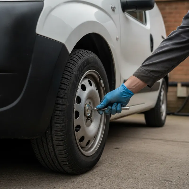 A mechanic checking a van's tyre pressure with a gauge