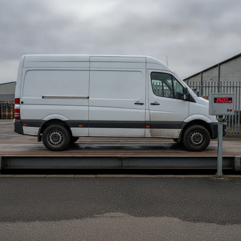 A large panel van being weighed on a weighbridge, with a digital weight display visible