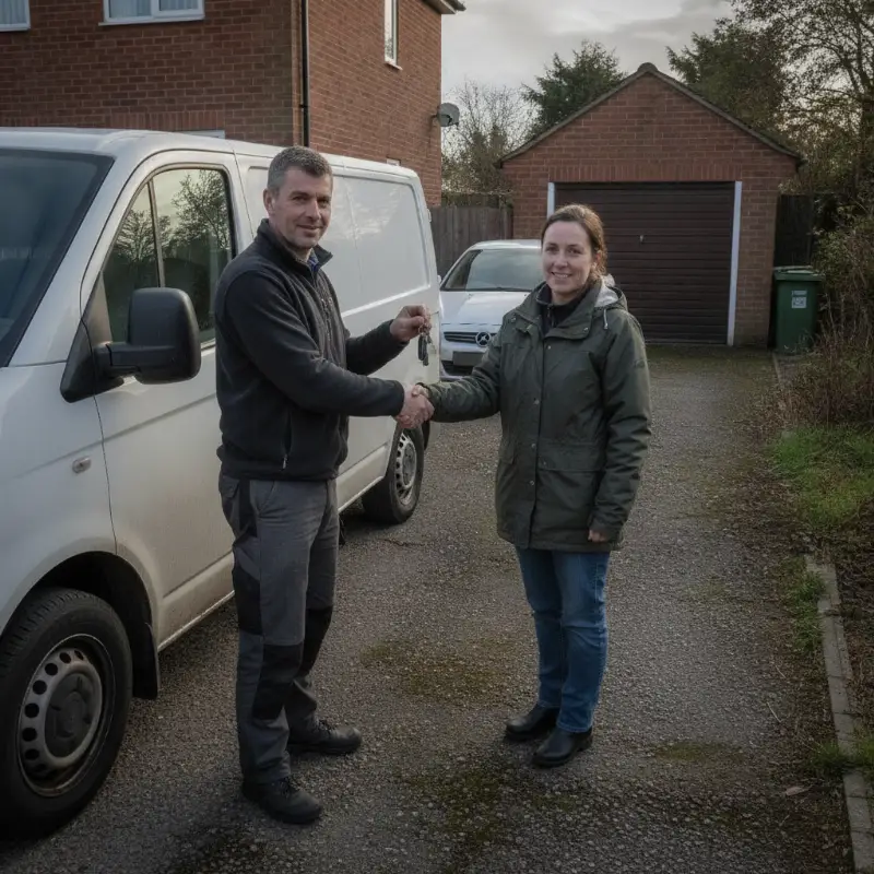Two people shaking hands and exchanging keys beside a parked van
