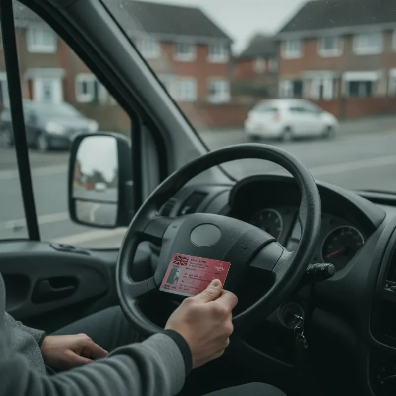 A driver's hand holding a UK driving licence card inside a van cab